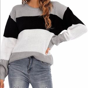 Crew Neck Pullovers Stitching Color Loose Knitted Sweaters - Small